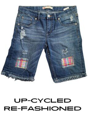 LEVIS Upcycled Refashioned Adjustable Waist Patch Bermuda Jean Short's Girls 14